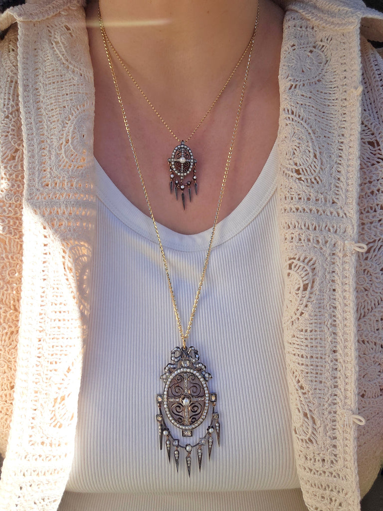 18k Gold & Silver Antique Diamond Pearl Spikey Fringe Pendant | Indulgems
