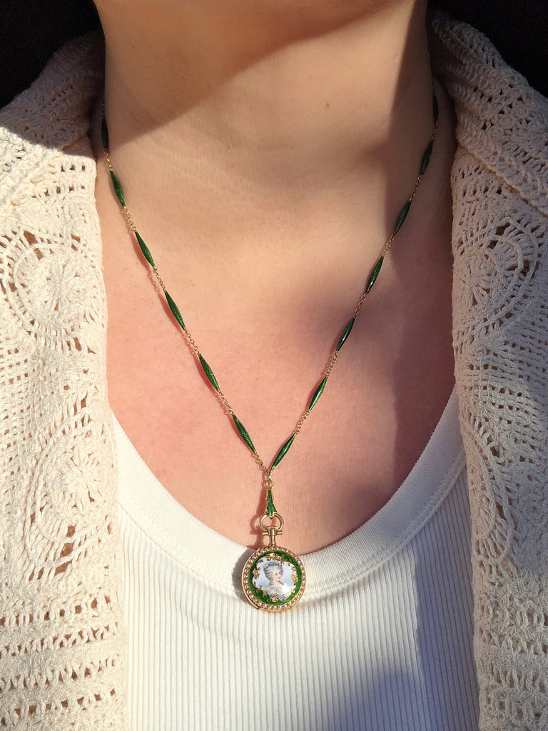 18k Solid Gold Antique Portrait Watch & Green Enamel Chain Necklace | Indulgems