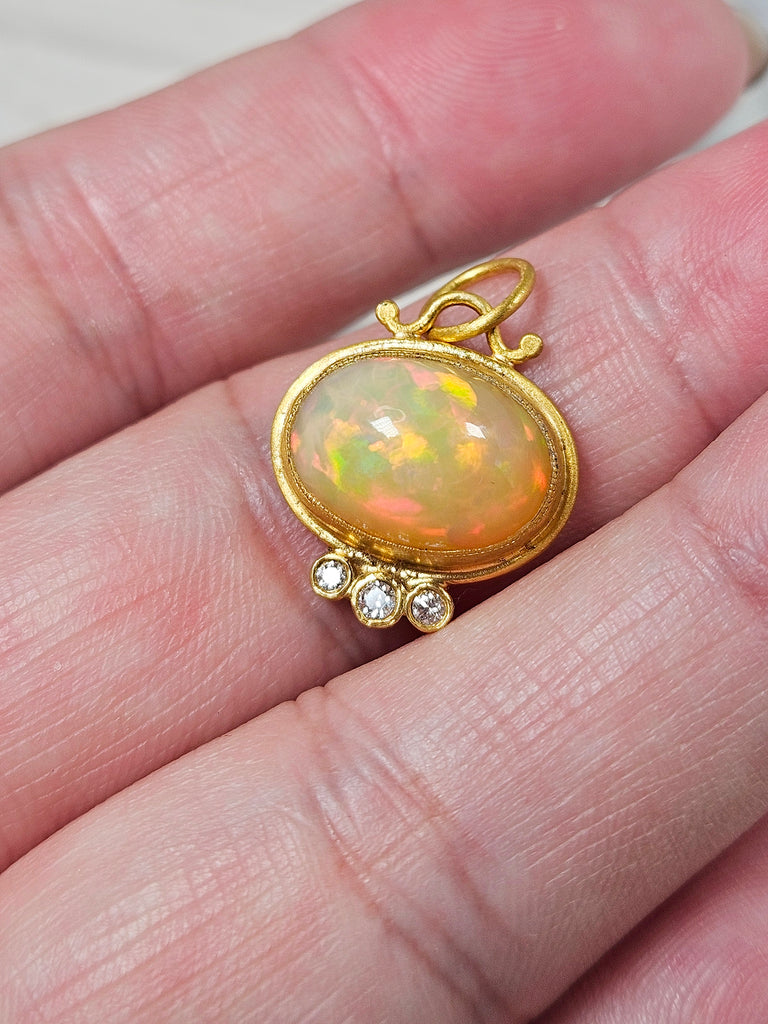 24K Gold Ethiopian Opal Gemstone Cabochon Pendant with Diamond