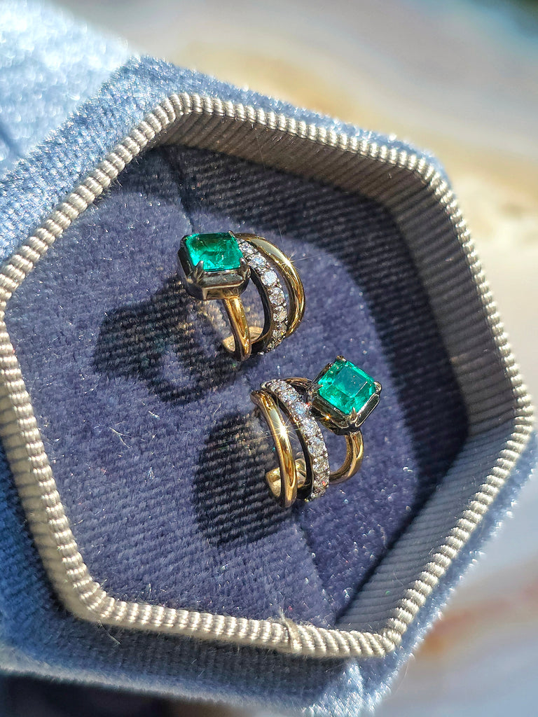 18k Solid Gold Lab-grown Emerald & Diamond Huggie-style Earrings | Indulgems