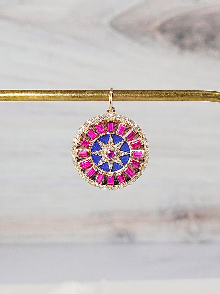 14k Solid Gold Sapphire, Lapis and Diamond Round Disc Compas Sundial Pendant | Indulgems | Designs in Real Gold