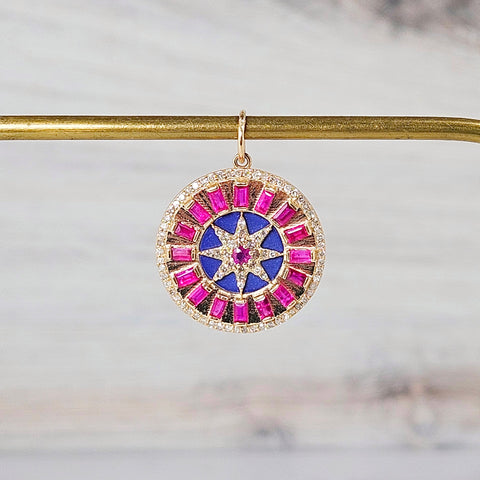 14k Solid Gold Sapphire, Lapis and Diamond Round Disc Compas Sundial Pendant | Indulgems | Designs in Real Gold