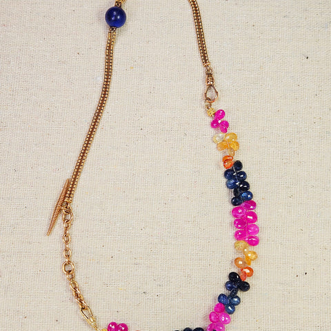 2IN1 - 14K Yellow Gold Antique Watch Chain with Lapis Lazuli Round Bead Accent & 18K Yellow Gold Multicolor Fancy Sapphire Faceted Gemstone Briolette Drop Bracelet Combo Necklace | Indulgems | Designs in Real Gold