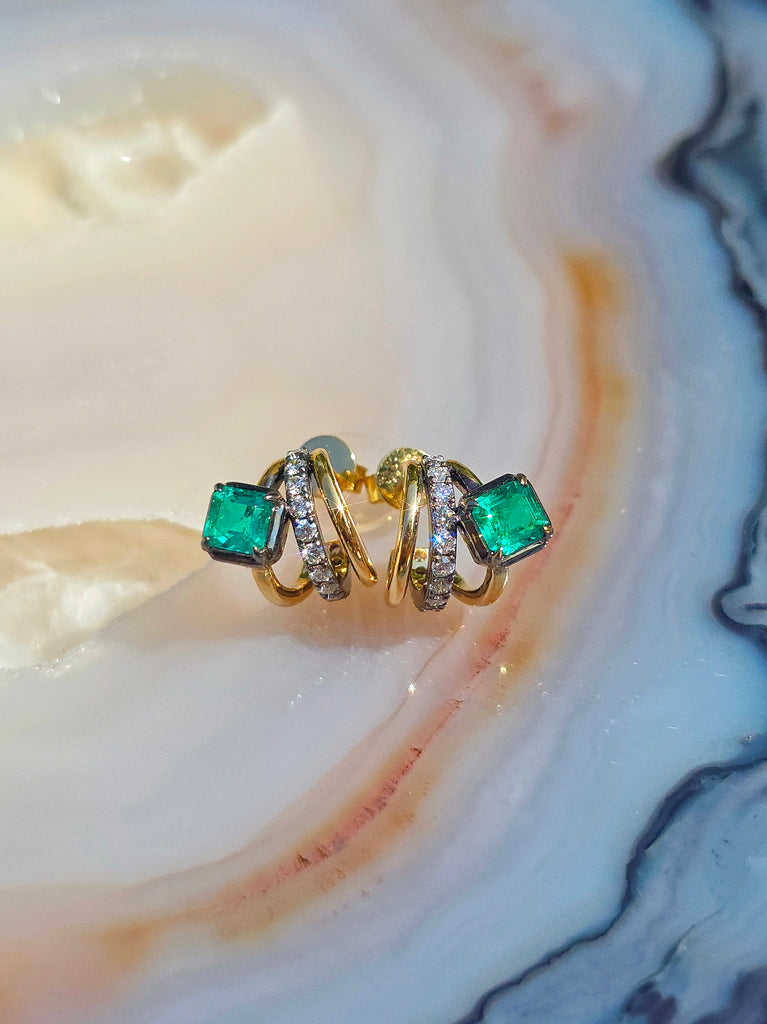 18k Solid Gold Lab-grown Emerald & Diamond Huggie-style Earrings | Indulgems