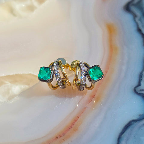 18k Solid Gold Lab-grown Emerald & Diamond Huggie-style Earrings | Indulgems