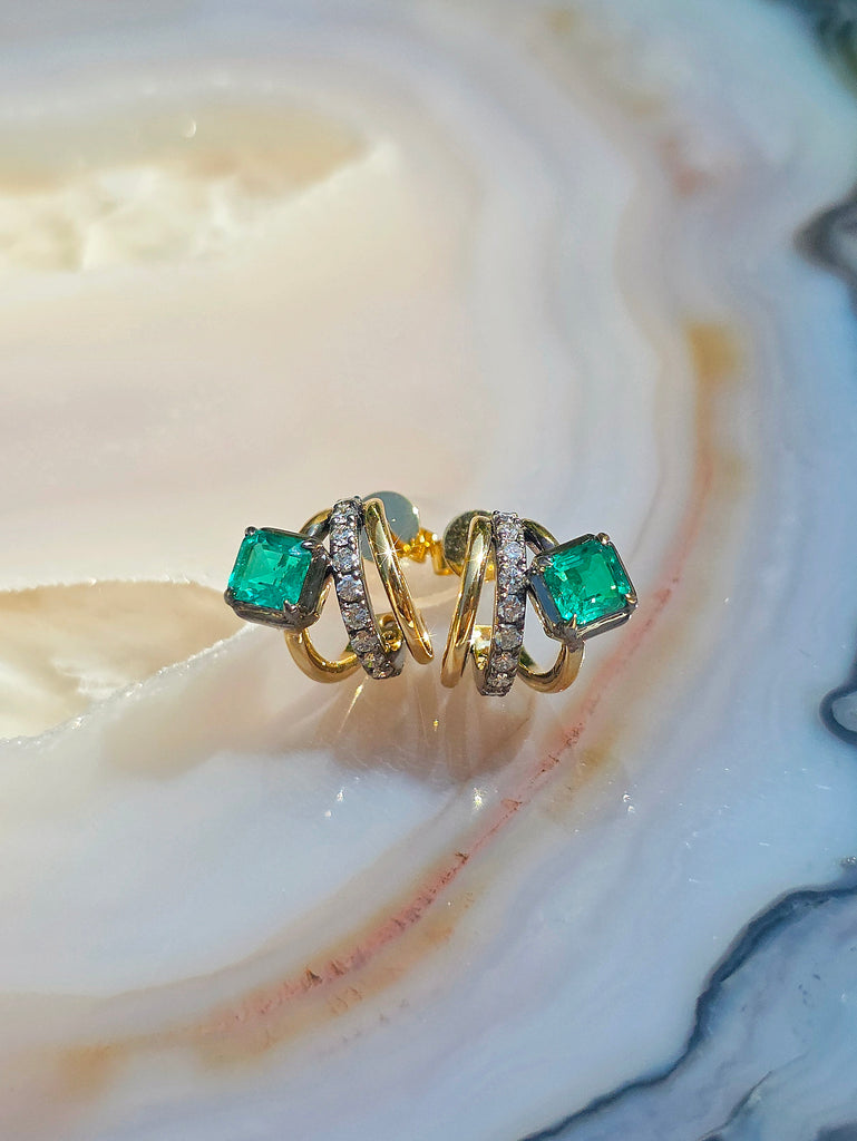 18k Solid Gold Lab-grown Emerald & Diamond Huggie-style Earrings | Indulgems