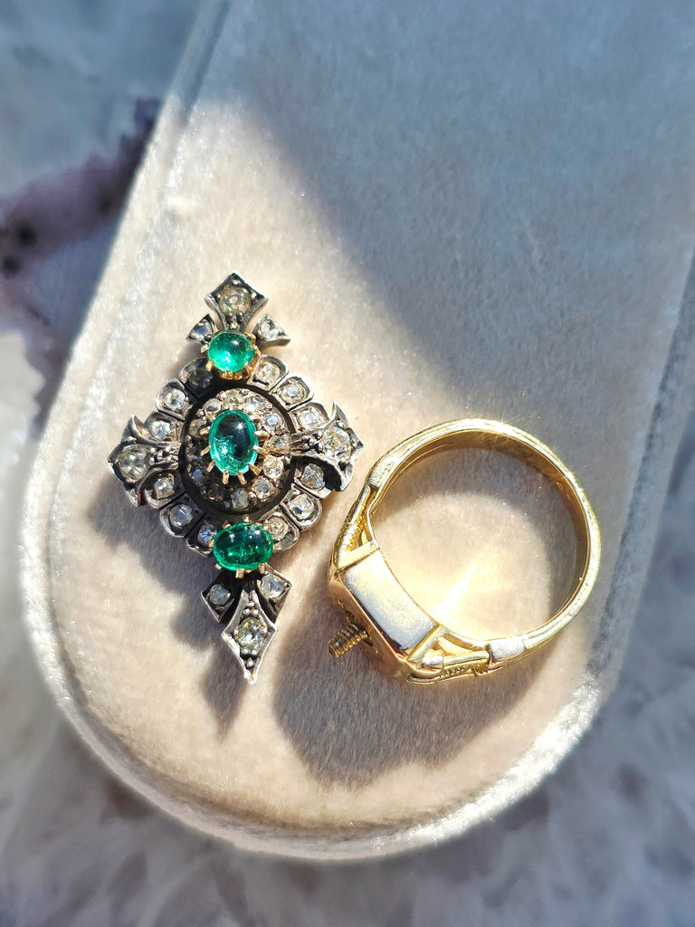 18k Yellow Gold & Silver Antique Emerald Old Cut Diamond Transformation Ring size 7 | Indulgems