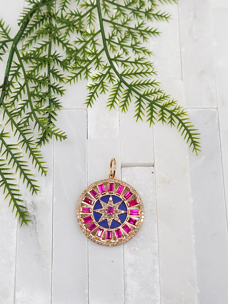 14k Solid Gold Sapphire, Lapis and Diamond Round Disc Compas Sundial Pendant | Indulgems | Designs in Real Gold