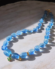 Genuine Blue Topaz Large Gemstone Nugget 18K Yellow Gold Natural Top Quality Jade Clover Charm Necklace 18"