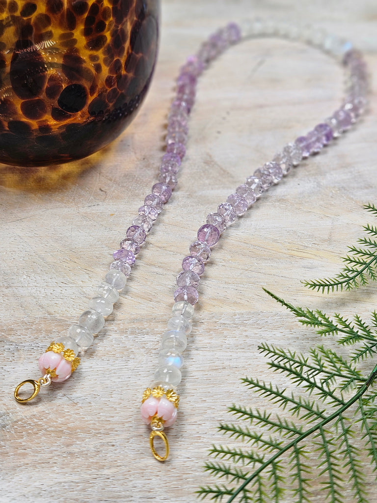 Pink Amethyst, Rainbow Moonstone, Pink Shell Carved Flower Pastel Lilac Gemstone 18K Gold Open Loop Necklace 18"