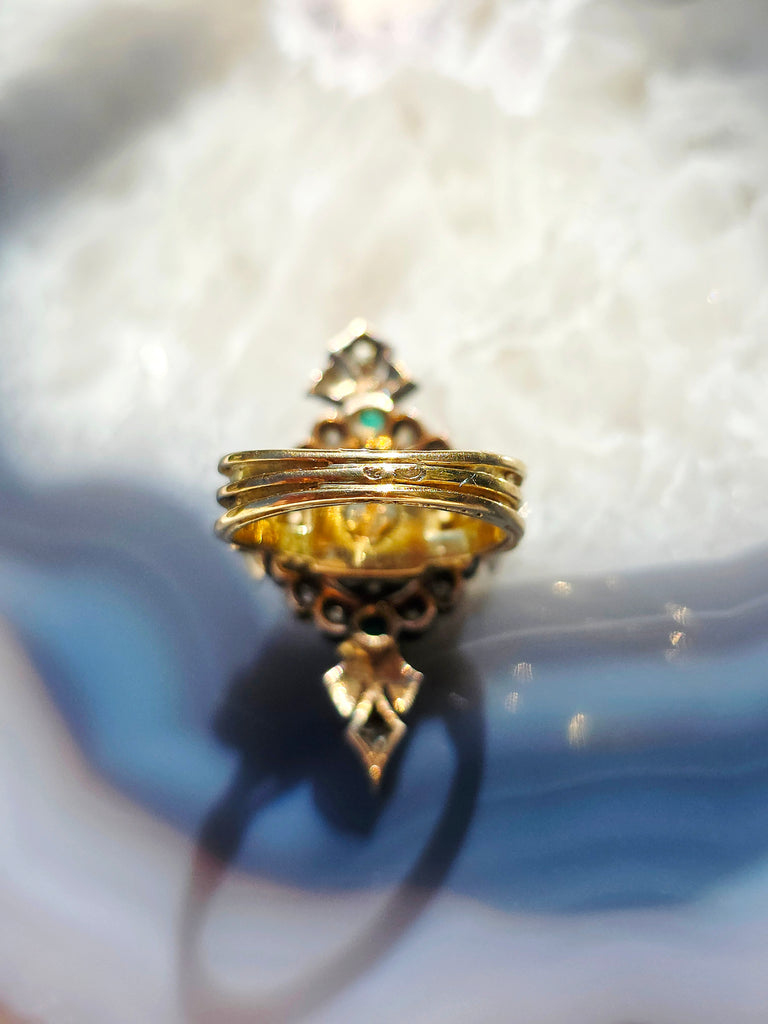 18k Yellow Gold & Silver Antique Emerald Old Cut Diamond Transformation Ring size 7 | Indulgems