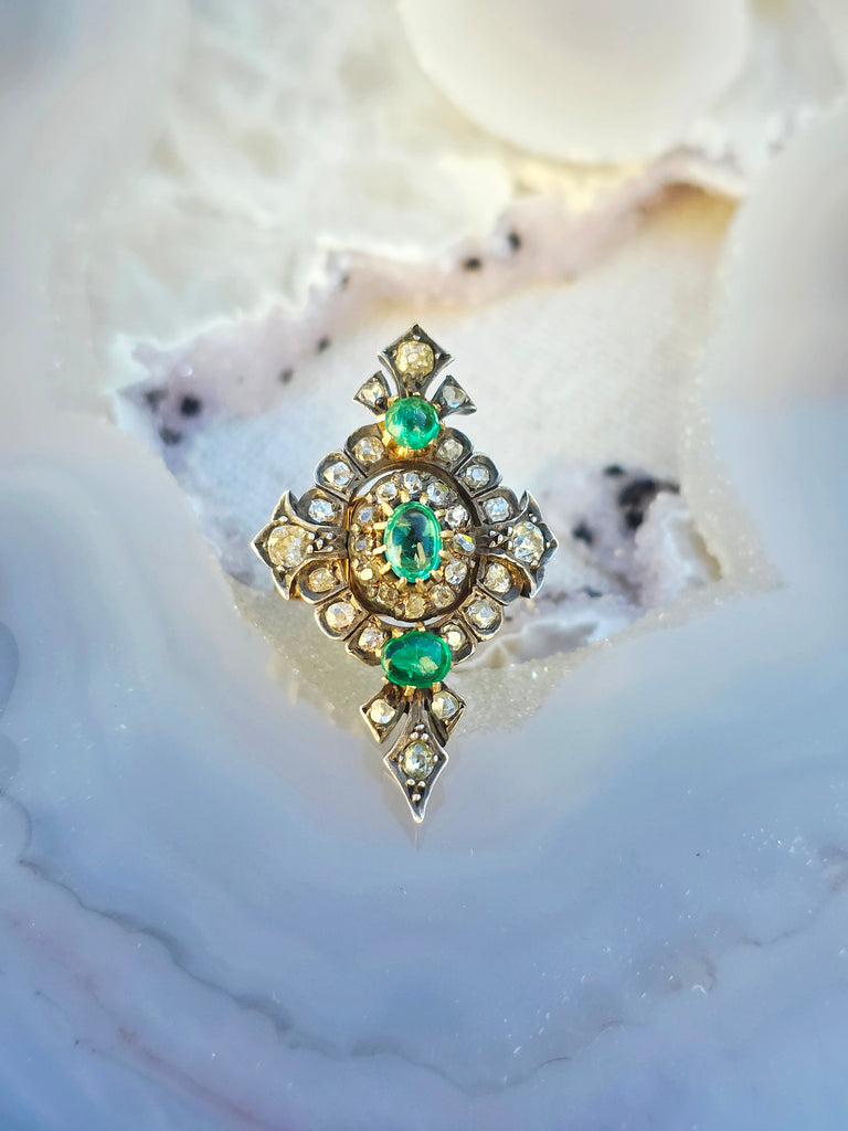 18k Yellow Gold & Silver Antique Emerald Old Cut Diamond Transformation Ring size 7 | Indulgems