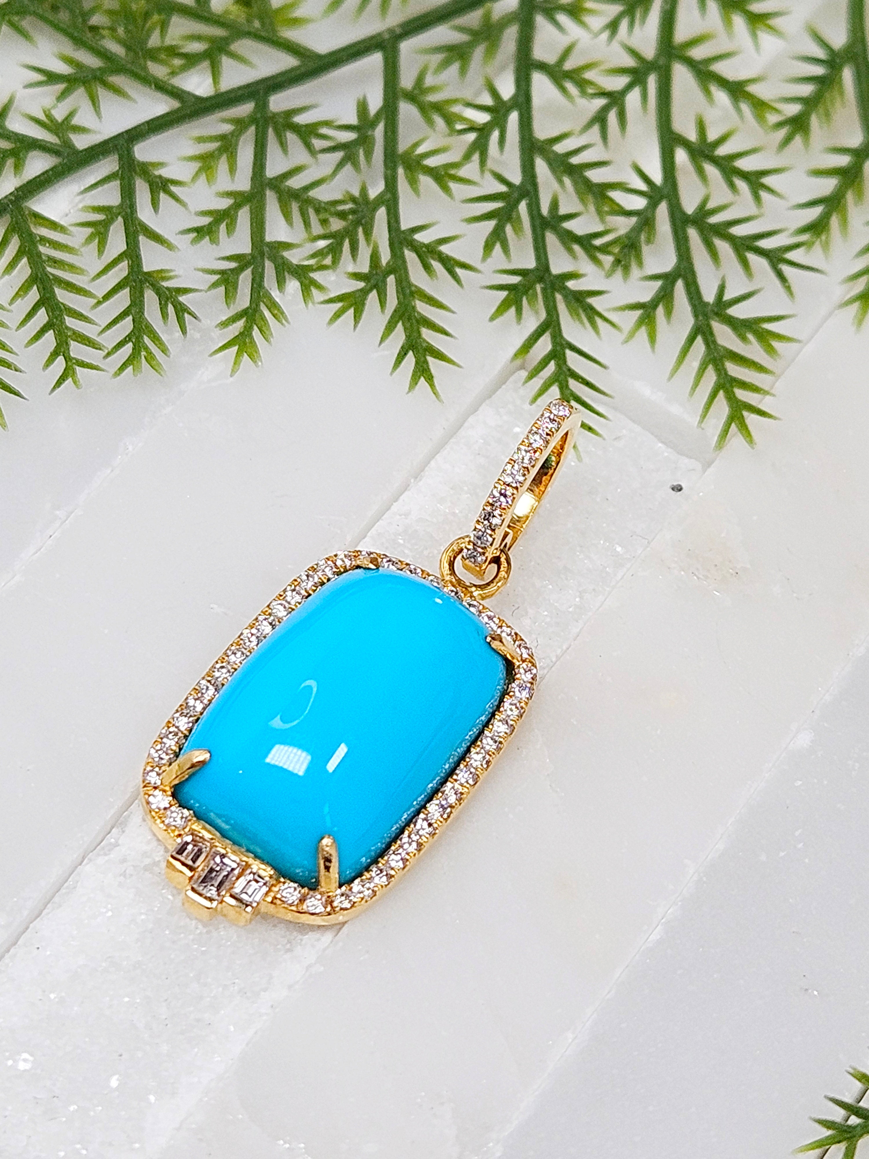 Genuine Sleeping Beauty Turquoise Top Quality Gemstone Diamond 18K Gold Pendant
