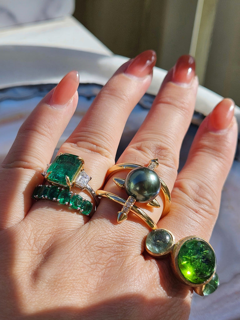 18k Solid Gold Green Tourmaline 3-STONE Cabochon Ring | Resonance Collection | Indulgems