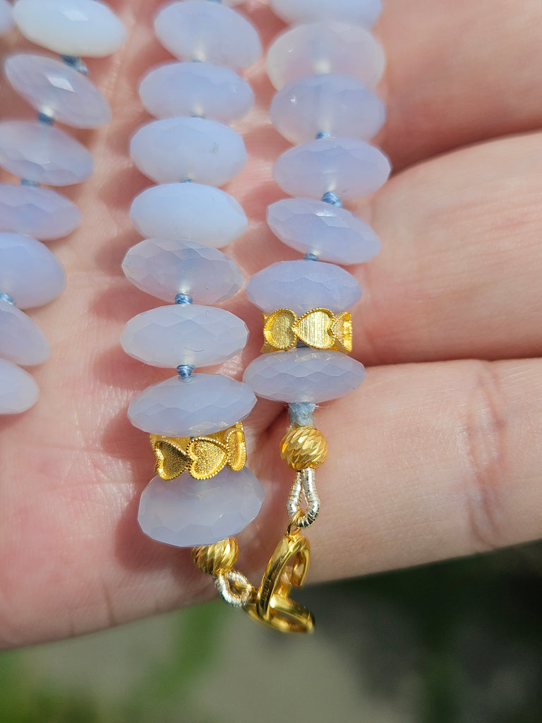 Blue Chalcedony Necklace with Diamond Pave Heart Pendant 18K Yellow Gold