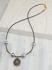 Black Spinel & Tahitian Pearl Gold Necklace with Ancient Coin Replica Pendant - Queen Bee & Stag