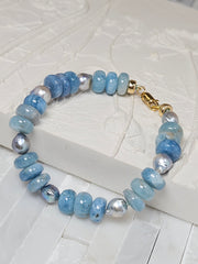 Milky Aquamarine and Tahitian Pearl Bracelet 14K Gold