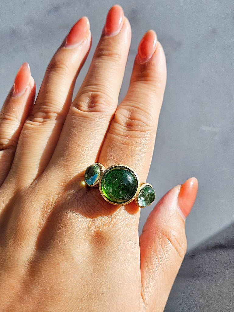 18k Solid Gold Green Tourmaline 3-STONE Cabochon Ring | Resonance Collection | Indulgems
