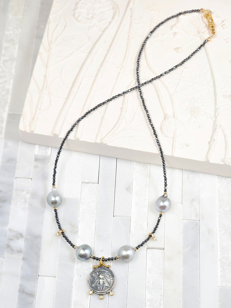 Black Spinel & Tahitian Pearl Gold Necklace with Ancient Coin Replica Pendant - Queen Bee & Stag