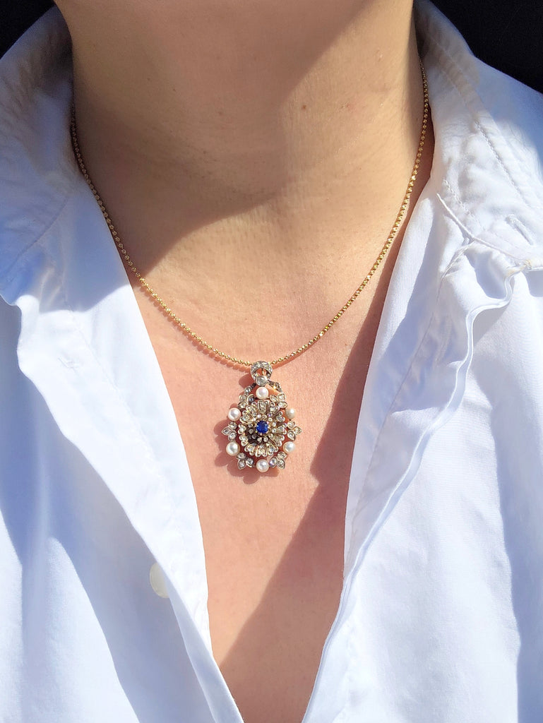 14k Gold & Silver Antique Rose-cut Diamonds and Sapphire Pendant | Indulgems