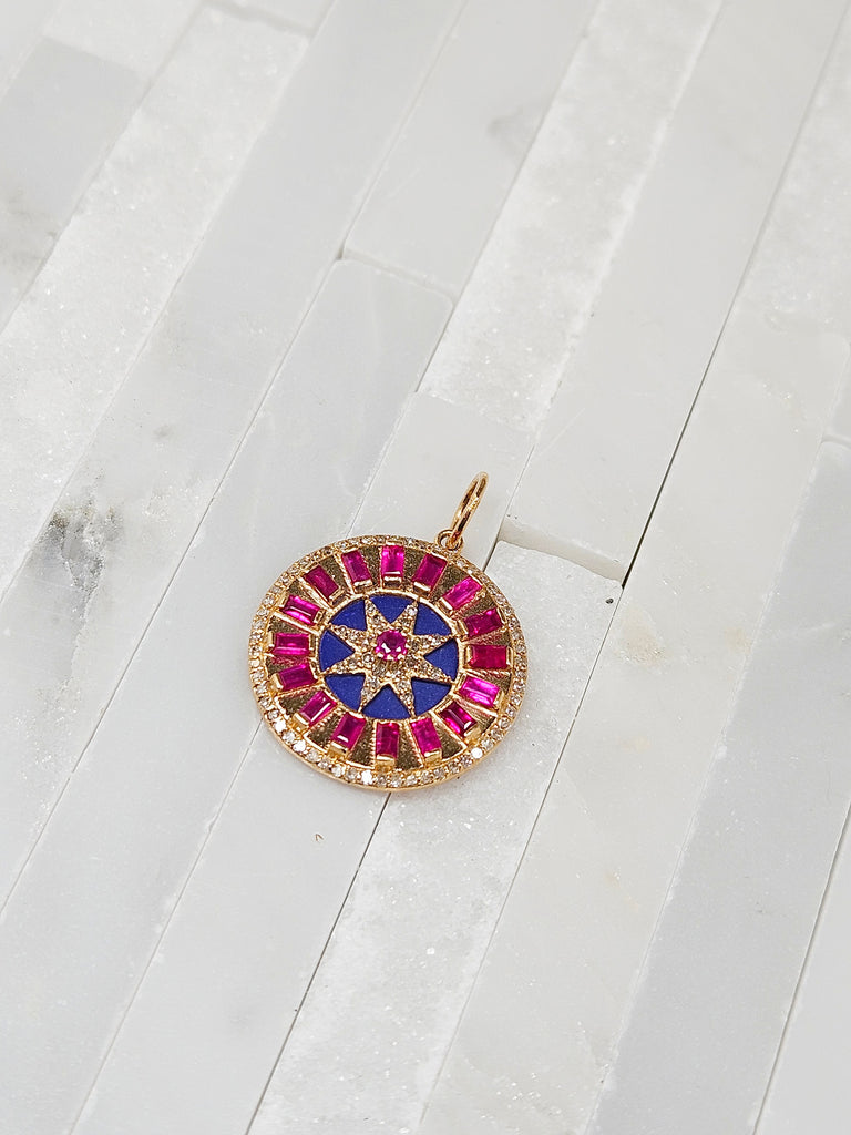 14k Solid Gold Sapphire, Lapis and Diamond Round Disc Compas Sundial Pendant | Indulgems | Designs in Real Gold