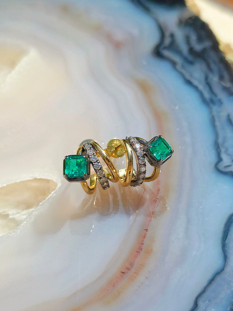 18k Solid Gold Lab-grown Emerald & Diamond Huggie-style Earrings | Indulgems