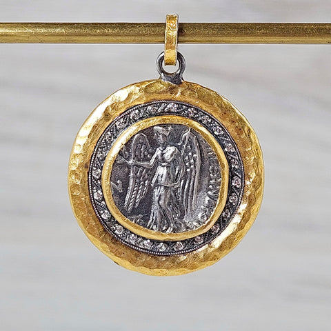 Ancient Coin Nike Deity Replica Diamond Sterling Silver 24K Yellow Gold Large Pendant