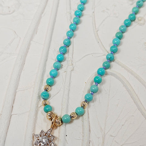 Genuine Turquoise and Diamond Star Pendant Necklace 18"