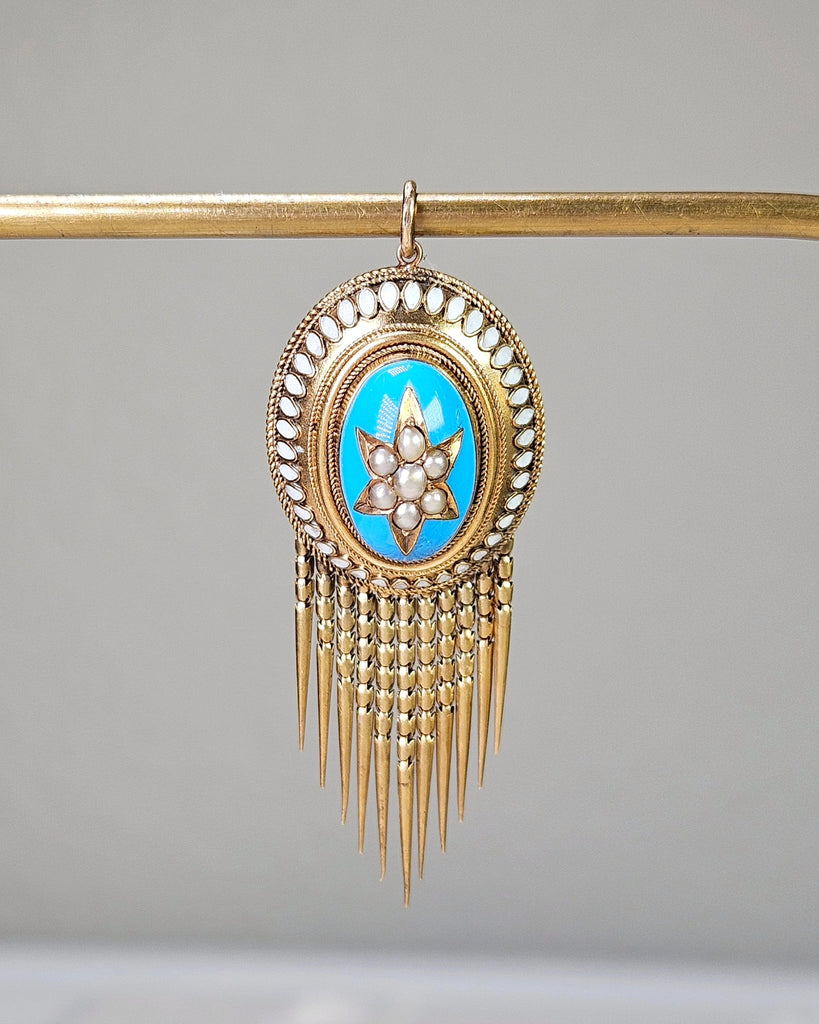 Antique 18K Yellow Gold Pearl and Enamel Pendant with Tassel Fringe
