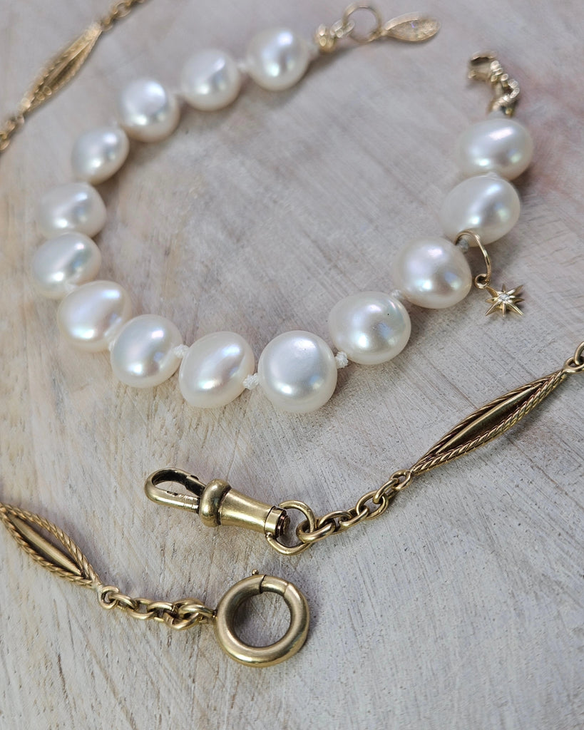 2IN1 - Genuine Antique 18K Yellow Gold Watch Chain and Freshwater Pearl Diamond 14K Gold Bracelet Combo