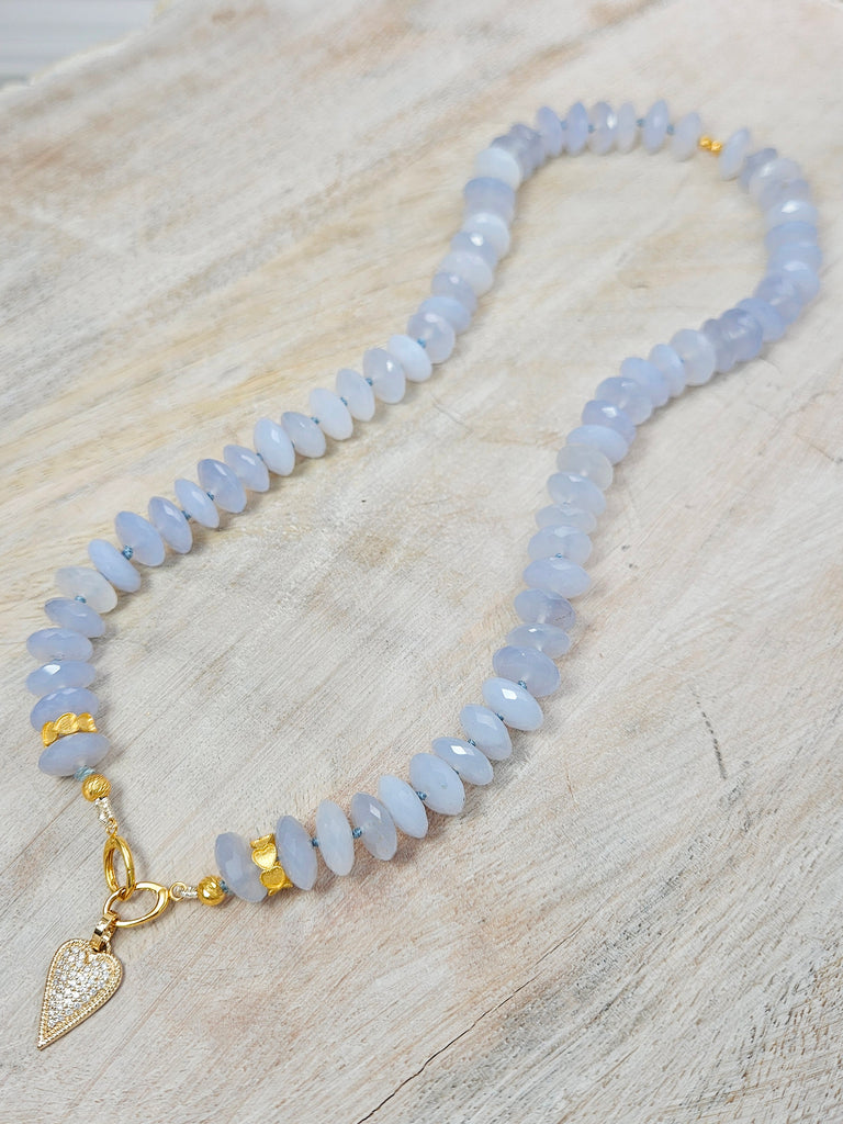 Blue Chalcedony Necklace with Diamond Pave Heart Pendant 18K Yellow Gold