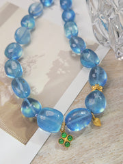 Genuine Blue Topaz Large Gemstone Nugget 18K Yellow Gold Natural Top Quality Jade Clover Charm Necklace 18"