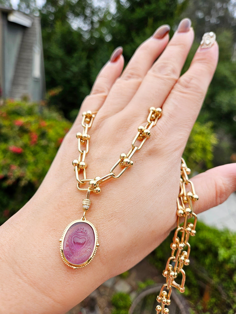 18k Gold Handcarved Amethyst Crown Heart Intaglio Pendant | TRUE TO MY HEART | Indulgems | Designs in Real Gold | Talisman Collection