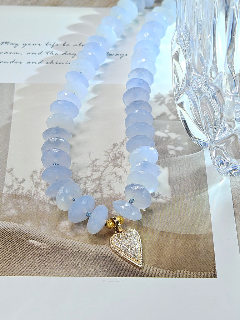 Blue Chalcedony Necklace with Diamond Pave Heart Pendant 18K Yellow Gold