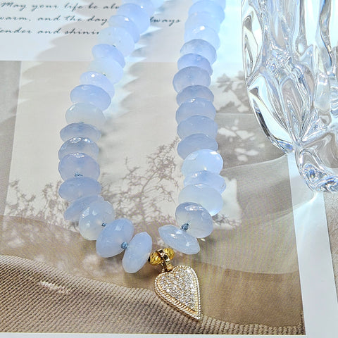 Blue Chalcedony Necklace with Diamond Pave Heart Pendant 18K Yellow Gold