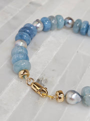 Milky Aquamarine and Tahitian Pearl Bracelet 14K Gold