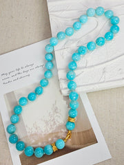 Robin Egg Blue Amazonite Genuine Gemstone 18K Yellow Gold Feather Bead Open Loop Necklace 18"