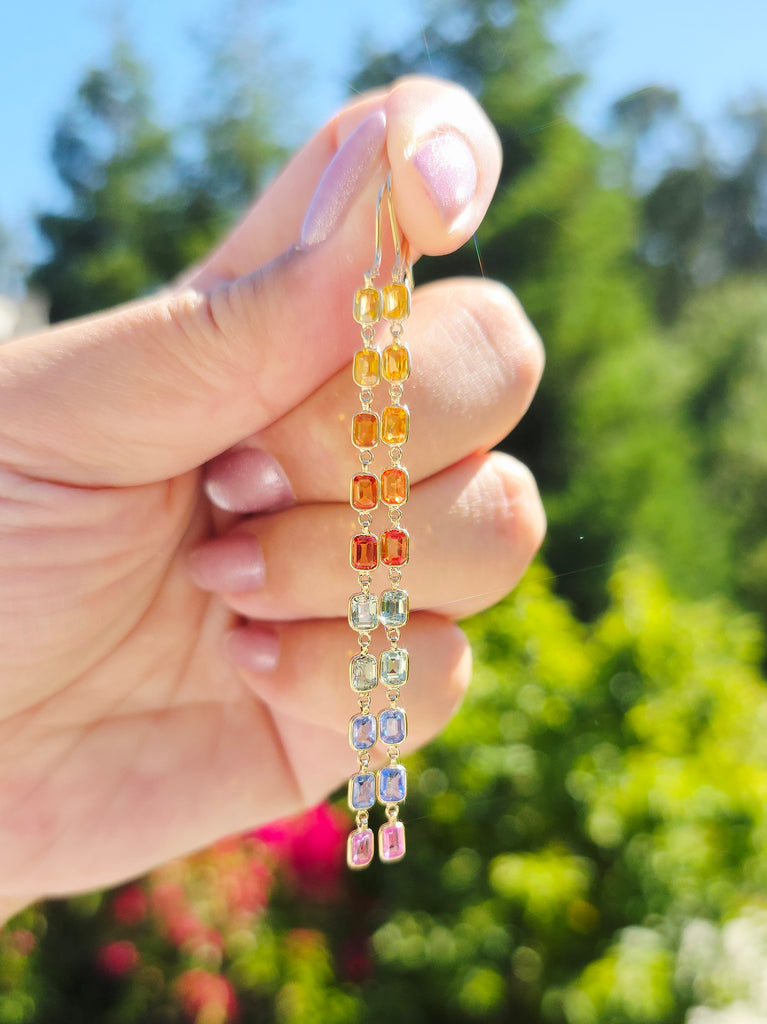 14k Yellow Gold Fancy Sapphire Rainbow Earrings | Indulgems