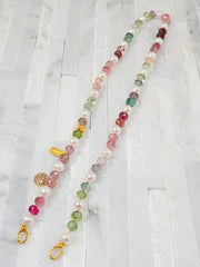 Multicolor Tourmaline and Freshwater Pearl 18K Gold Necklace 18"