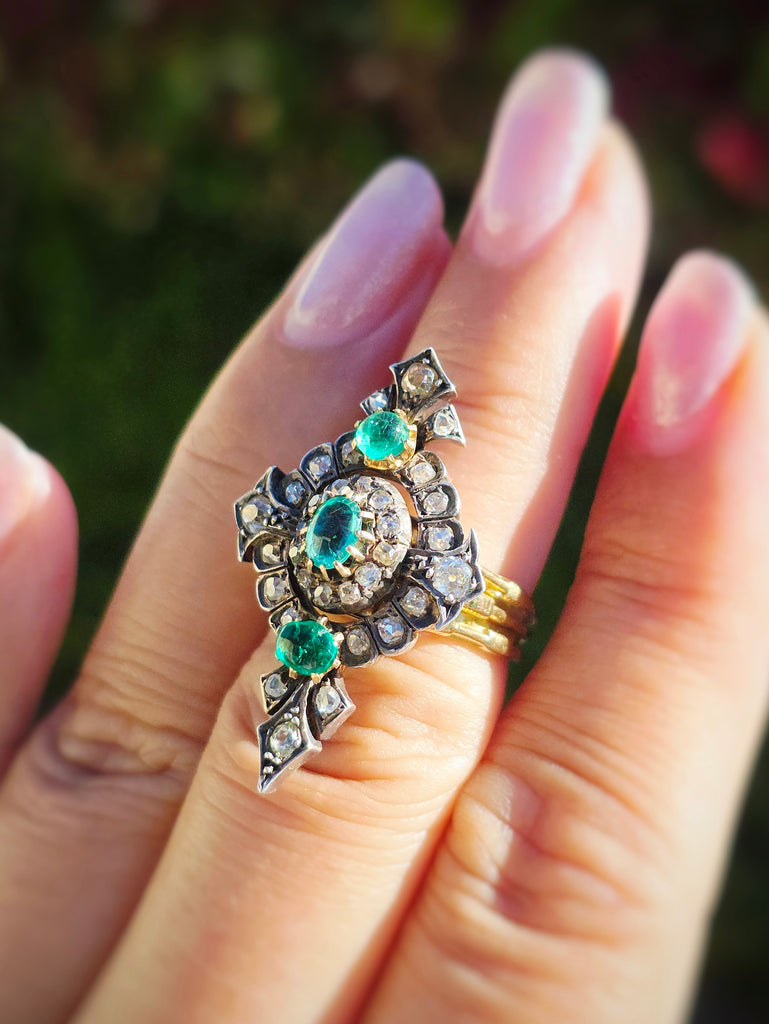18k Yellow Gold & Silver Antique Emerald Old Cut Diamond Transformation Ring size 7 | Indulgems