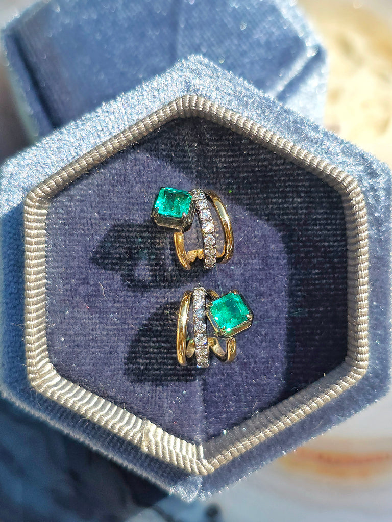 18k Solid Gold Lab-grown Emerald & Diamond Huggie-style Earrings | Indulgems