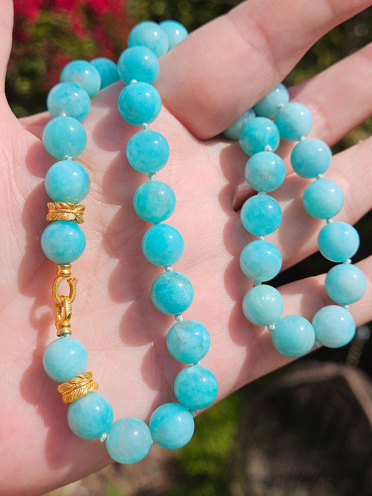 Robin Egg Blue Amazonite Genuine Gemstone 18K Yellow Gold Feather Bead Open Loop Necklace 18"