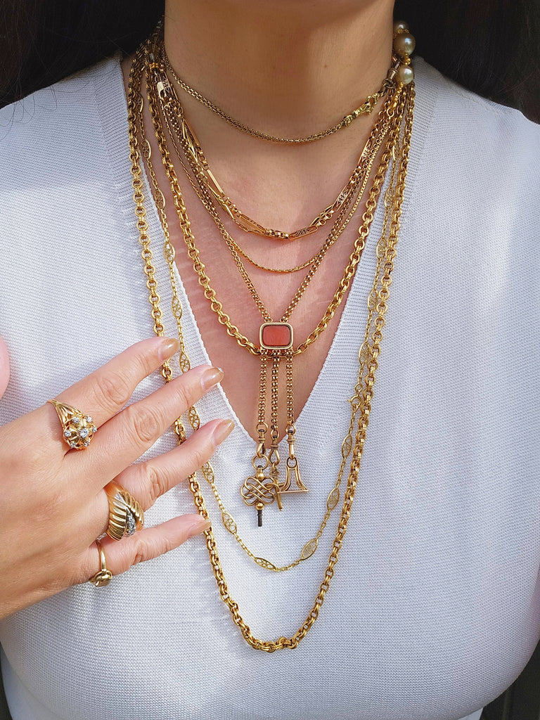 18K Yellow Gold Antique Chunky Extra Long Guard Chain Necklace 60" | Indulgems | Designs in Real Gold
