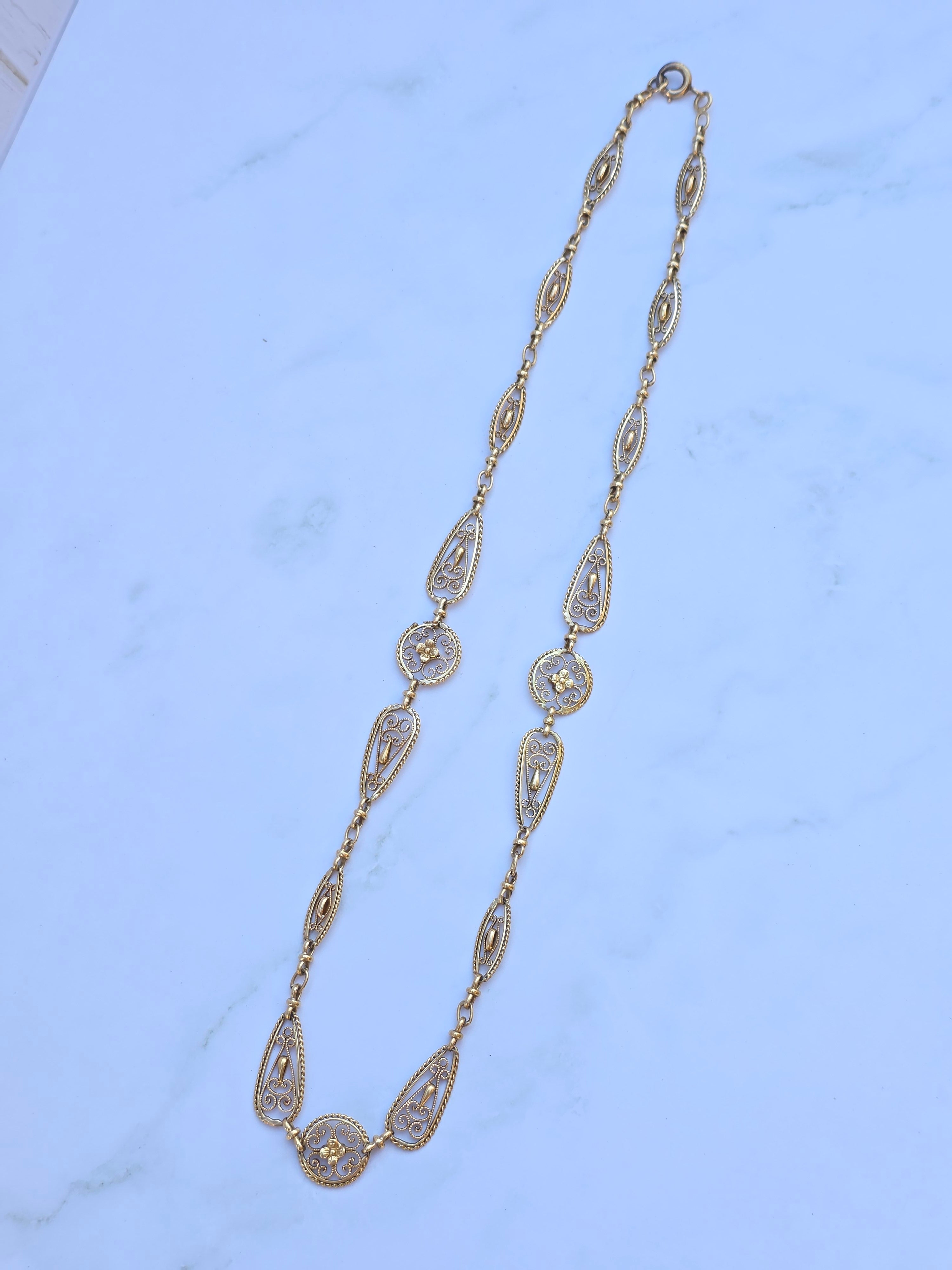 18k Solid Gold Antique French Filigree Chain Necklace 19" | Indulgems