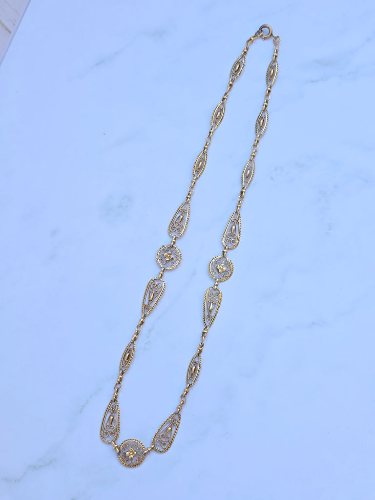 18k Solid Gold Antique French Filigree Chain Necklace 19" | Indulgems