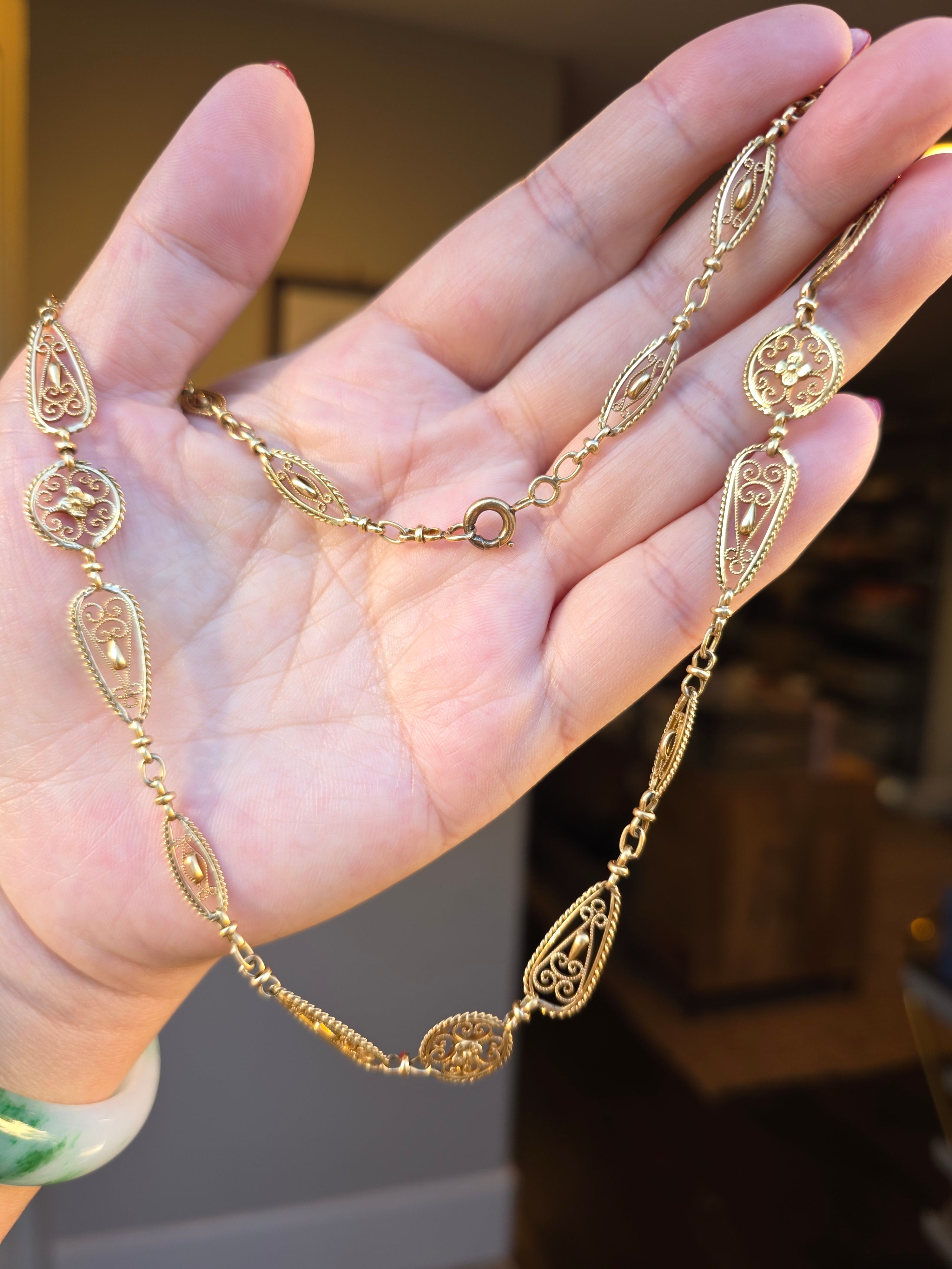 18k Solid Gold Antique French Filigree Chain Necklace 19" | Indulgems