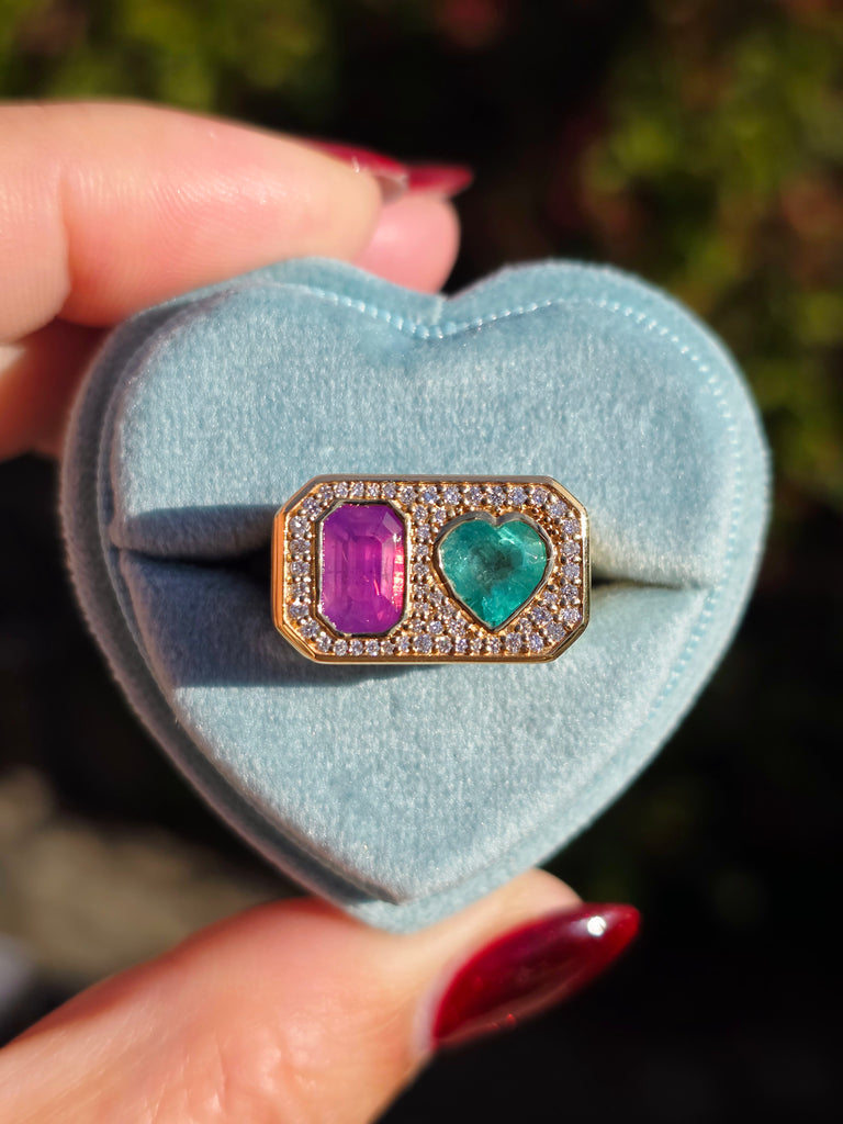 Duality Ring | Purple Sapphire, Zambian Emerald, Natural Diamonds Size 7 | Indulgems