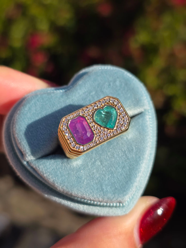 Duality Ring | Purple Sapphire, Zambian Emerald, Natural Diamonds Size 7 | Indulgems