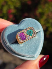 Duality Ring | Purple Sapphire, Zambian Emerald, Natural Diamonds Size 7 | Indulgems
