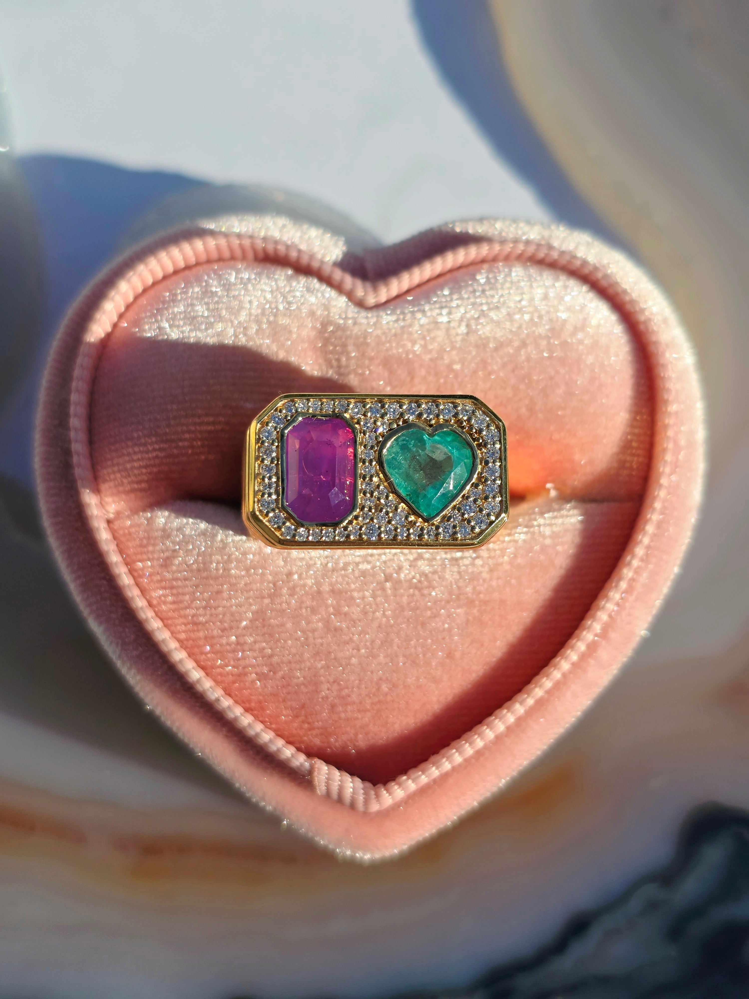 Duality Ring | Purple Sapphire, Zambian Emerald, Natural Diamonds Size 7 | Indulgems